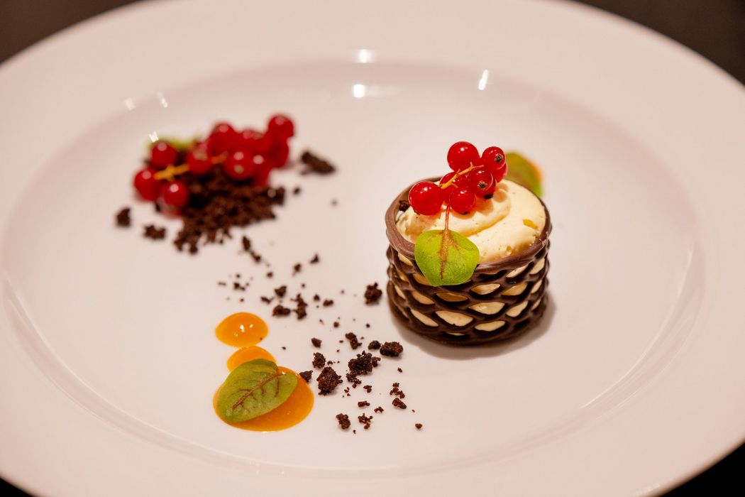 Elegantes Dessert mit Schokoladengitter, Creme, roten Johannisbeeren, Kräutern, und Orangensoße auf weißem Teller