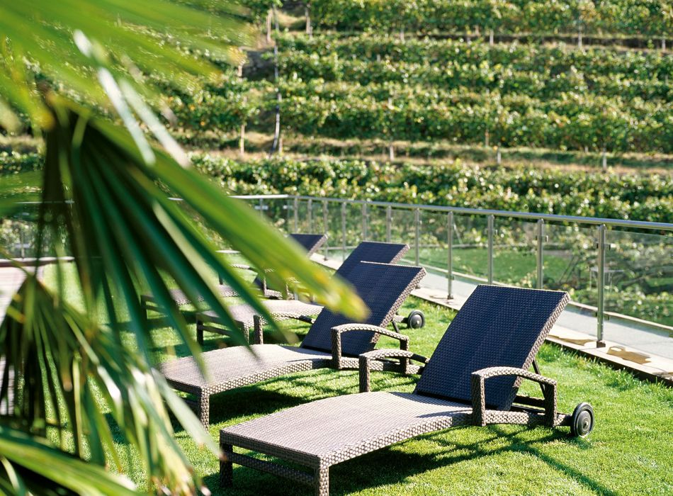 Leere Liegestühle aus Rattan auf einer grünen Wiese mit Blick auf Weinberge im Hintergrund