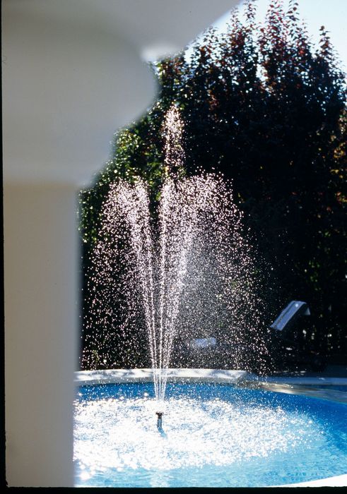 Springbrunnen mit spritzendem Wasser im Pool vor dunklem Laub im Hintergrund